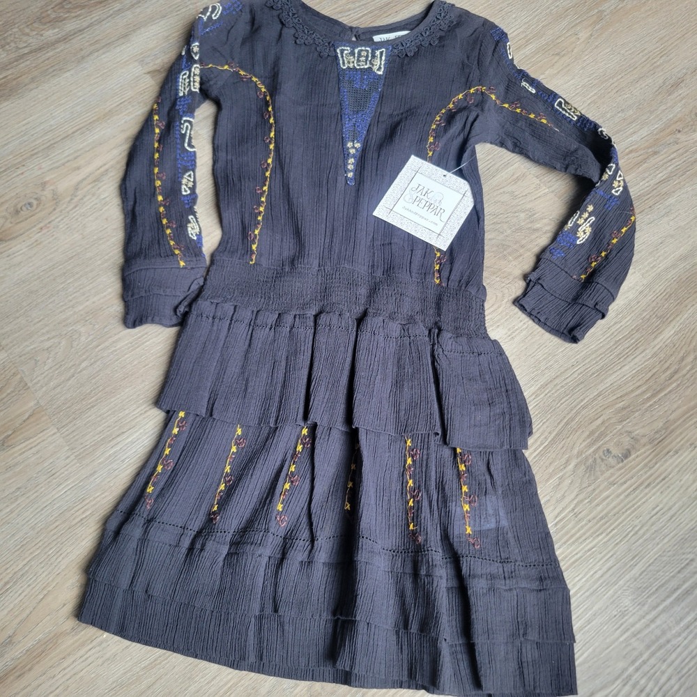 Jak & Peppar Girls Field Of My Dream Dress 8 Black Cotton Boho Embroidery Tiered